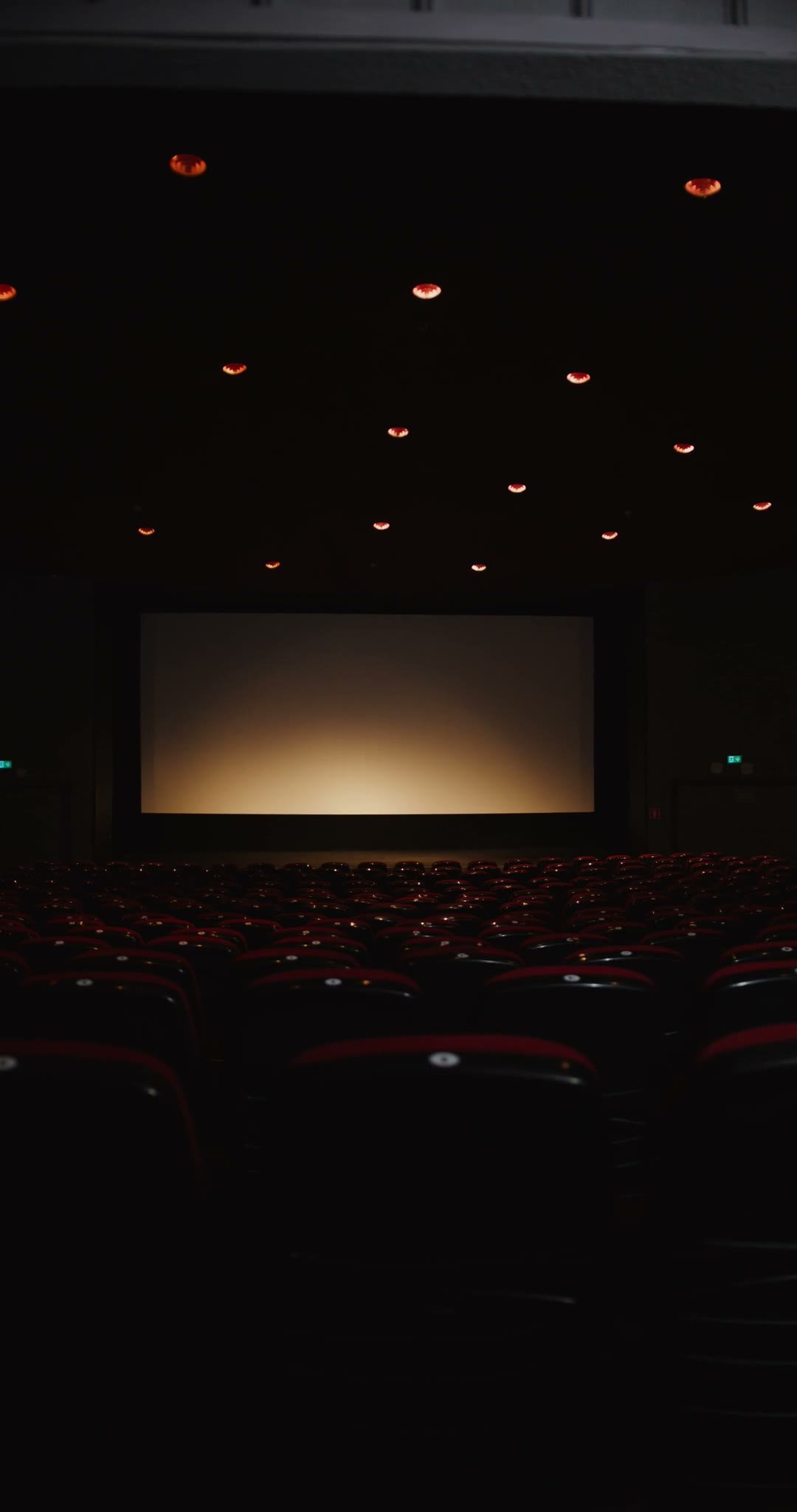 An empty cinema auditorium lit by the dim glow of the screen.